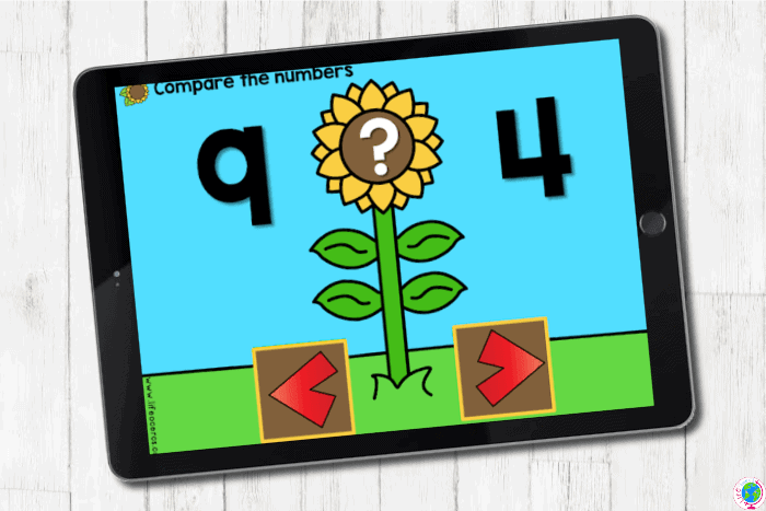 Comparing numbers digital game with a sunflower theme.