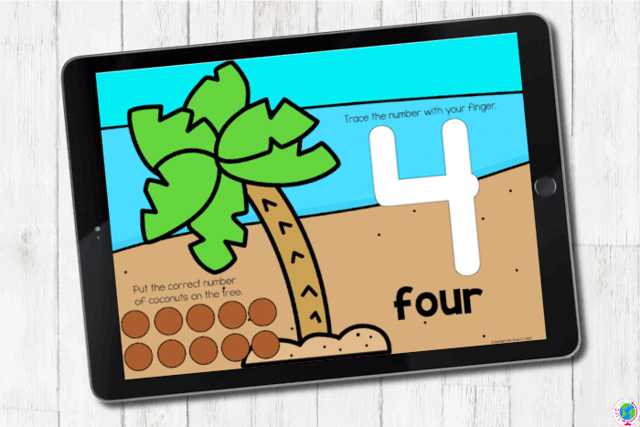 The digital Coconut Tree Counting Activities for Preschoolers slide for the number "4".