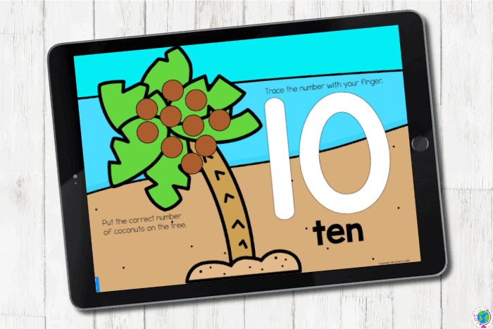 The digital Coconut Tree Counting Activities for Preschoolers slide for the number "10".