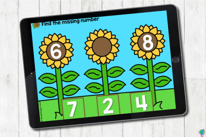 Find the missing number game for Kindergarten with a sunflower theme.