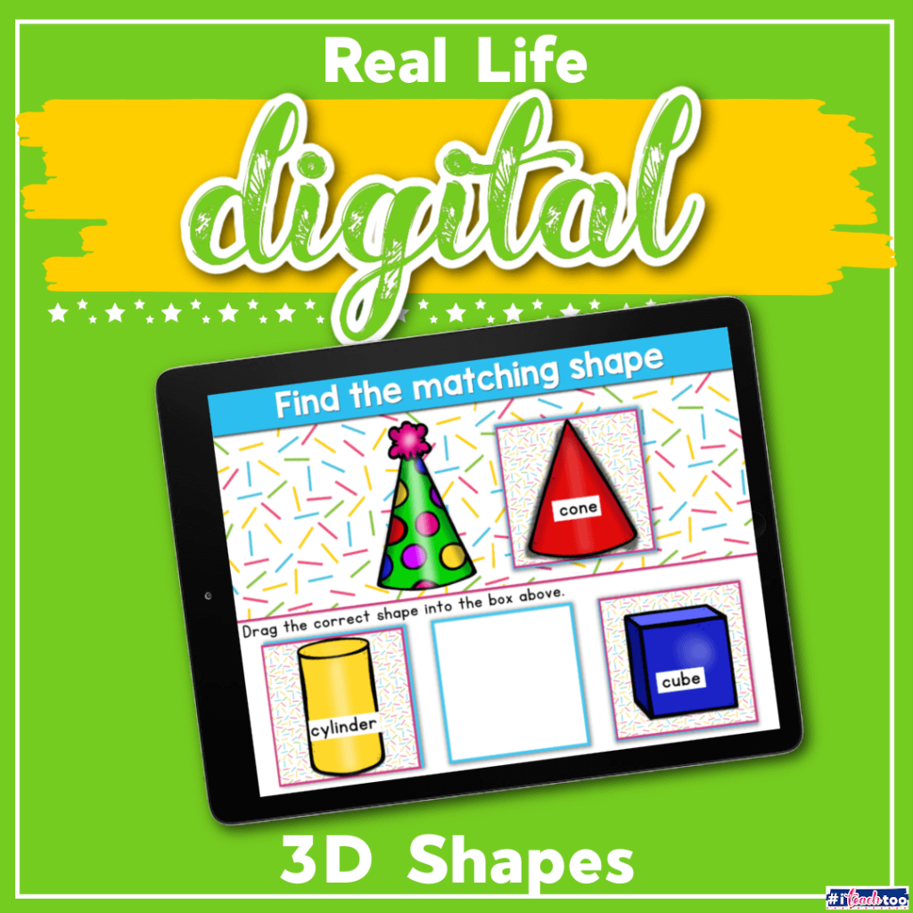 Free 3D Shapes Activity for Matching Real life 3D shapes using this digital Google Slides and Seesaw math activity for kindergarten.