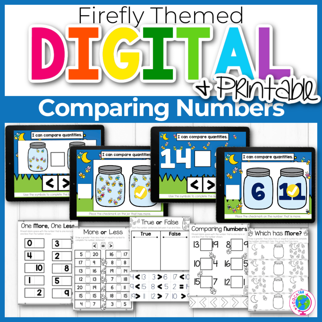 Firefly themed digital and printable comparing numbers math activity.