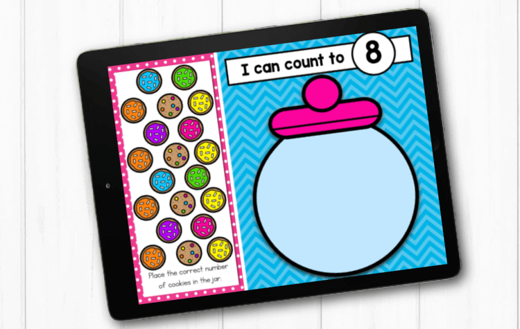 In this free Seesaw activity for kindergarten, students practice counting to 20 by placing the given number of cookies in the cookie jar.