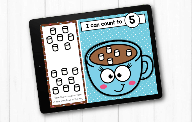 Place the correct number of marshmallows in the mug to practice counting and one to one correspondance.