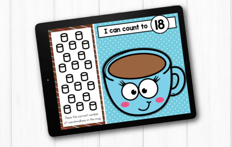 Teen numbers kindergarten math activity. Place the correct number of marshmallows into the hot cocoa.