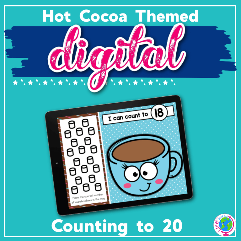 Hot cocoa theme kindergarten counting activity to practice numbers 1-20 and one-to-one correspondence.