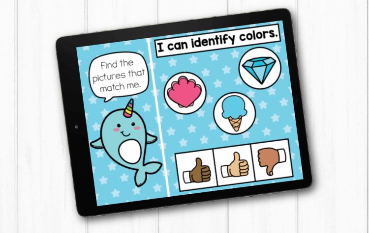 Free digital Google Slides and Seesaw narwhal theme color matching activity for preschoolers. Cover the blue images with a thumbs up to match the blue narwhal