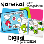 Narwhal-themed color matching activity for preschool or kindergarten. Students practice color recognition by identifying matching colored objects using a friendly narwhal guide. Includes both a hands-on printable version and an interactive digital version for Google Slides and Seesaw. Perfect for early learners working on visual discrimination and color identification.