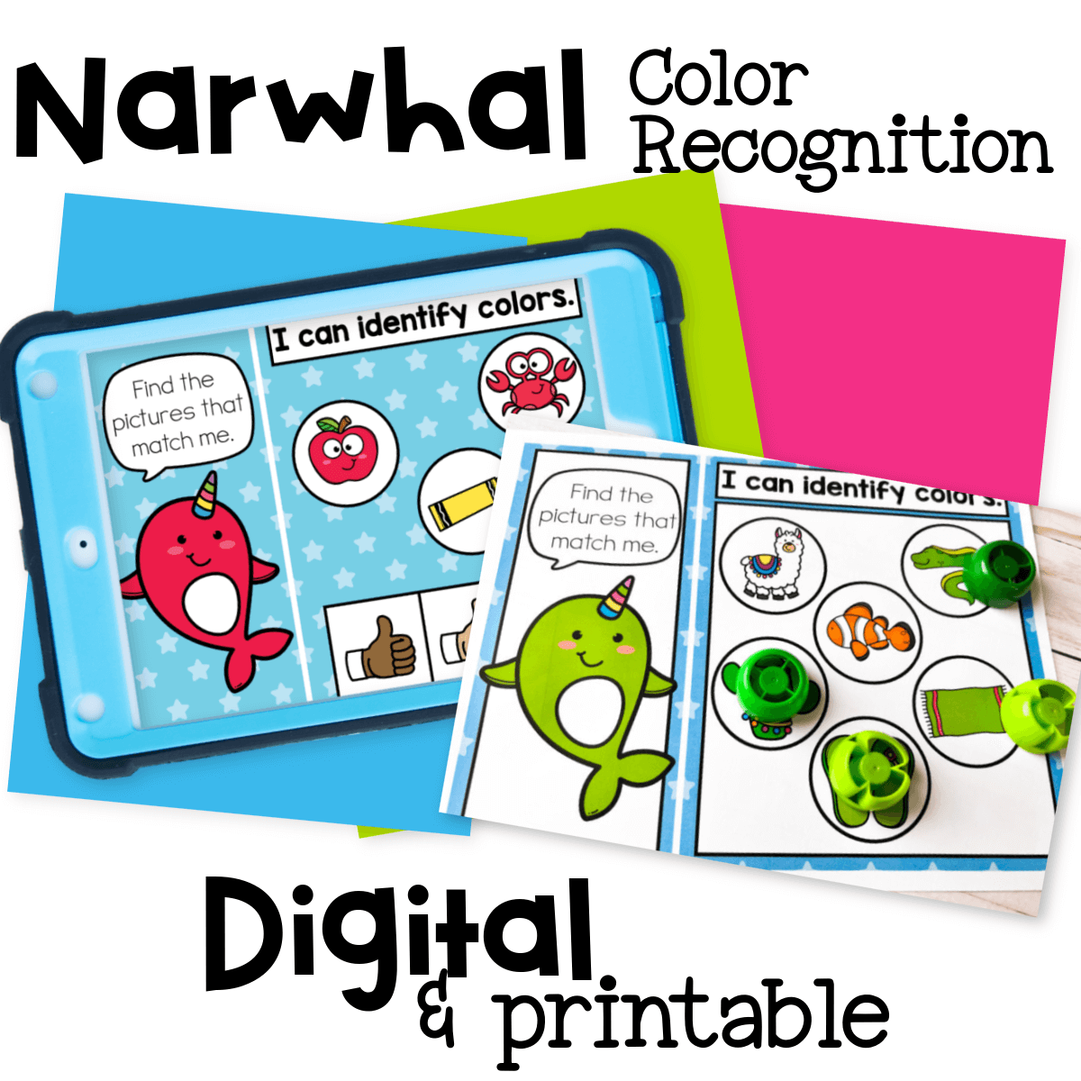 Narwhal-themed color matching activity for preschool or kindergarten. Students practice color recognition by identifying matching colored objects using a friendly narwhal guide. Includes both a hands-on printable version and an interactive digital version for Google Slides and Seesaw. Perfect for early learners working on visual discrimination and color identification.
