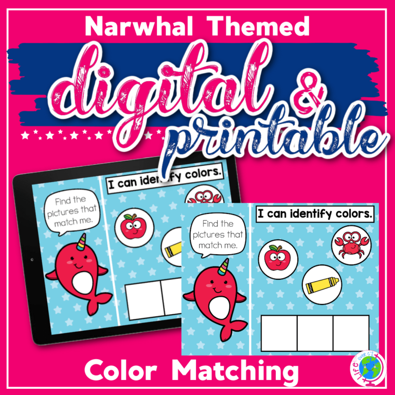 Color matching game for preschool with a Narwhal theme