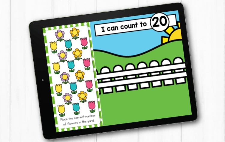Digital counting game to 2o with a flower theme.