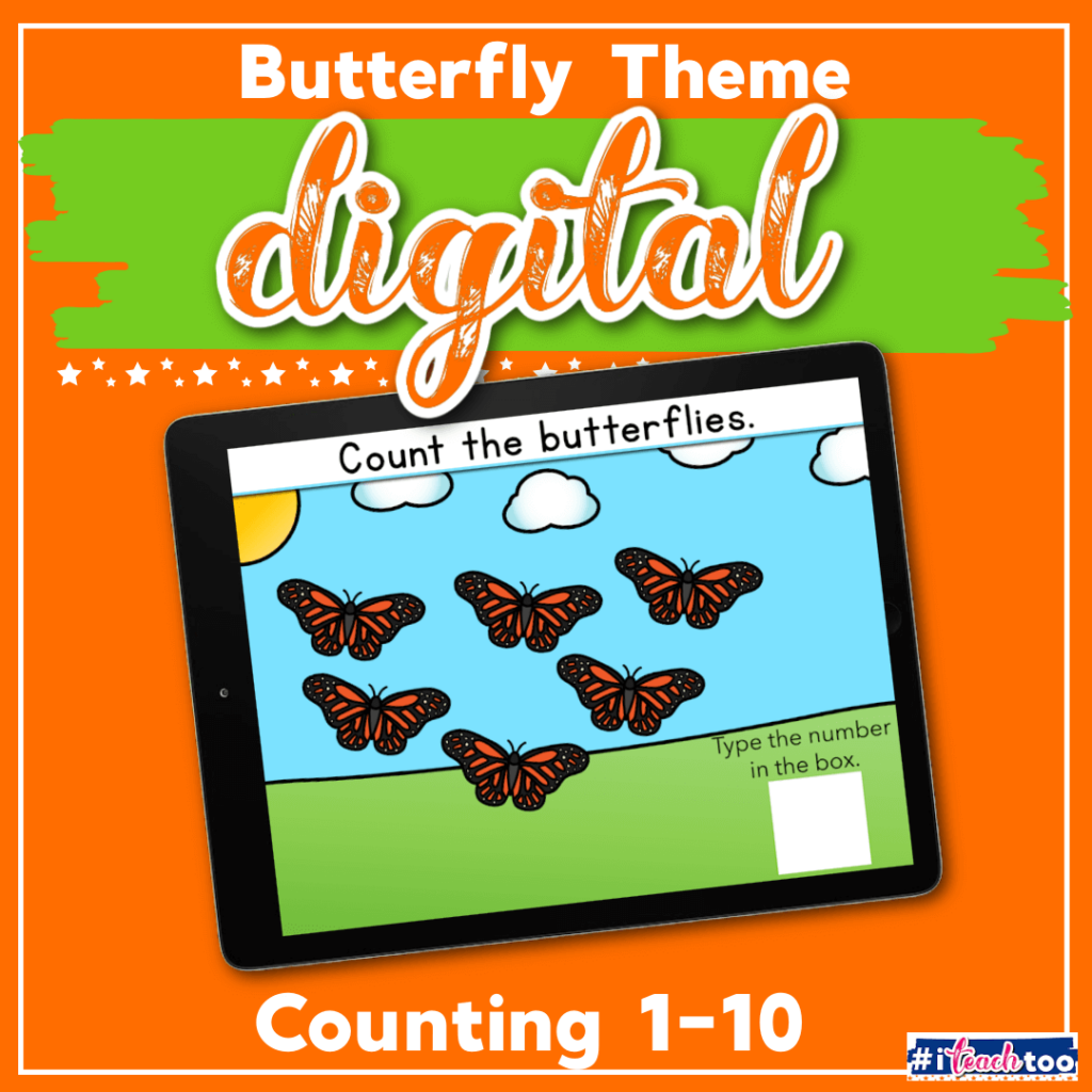 Free Google Slides and Seesaw digital activity for counting with preschoolers, pre-k, and kindergarteners. Practice counting to 10 with a fun spring butterfly theme. Perfect for math centers, distance learning and homeschooling.