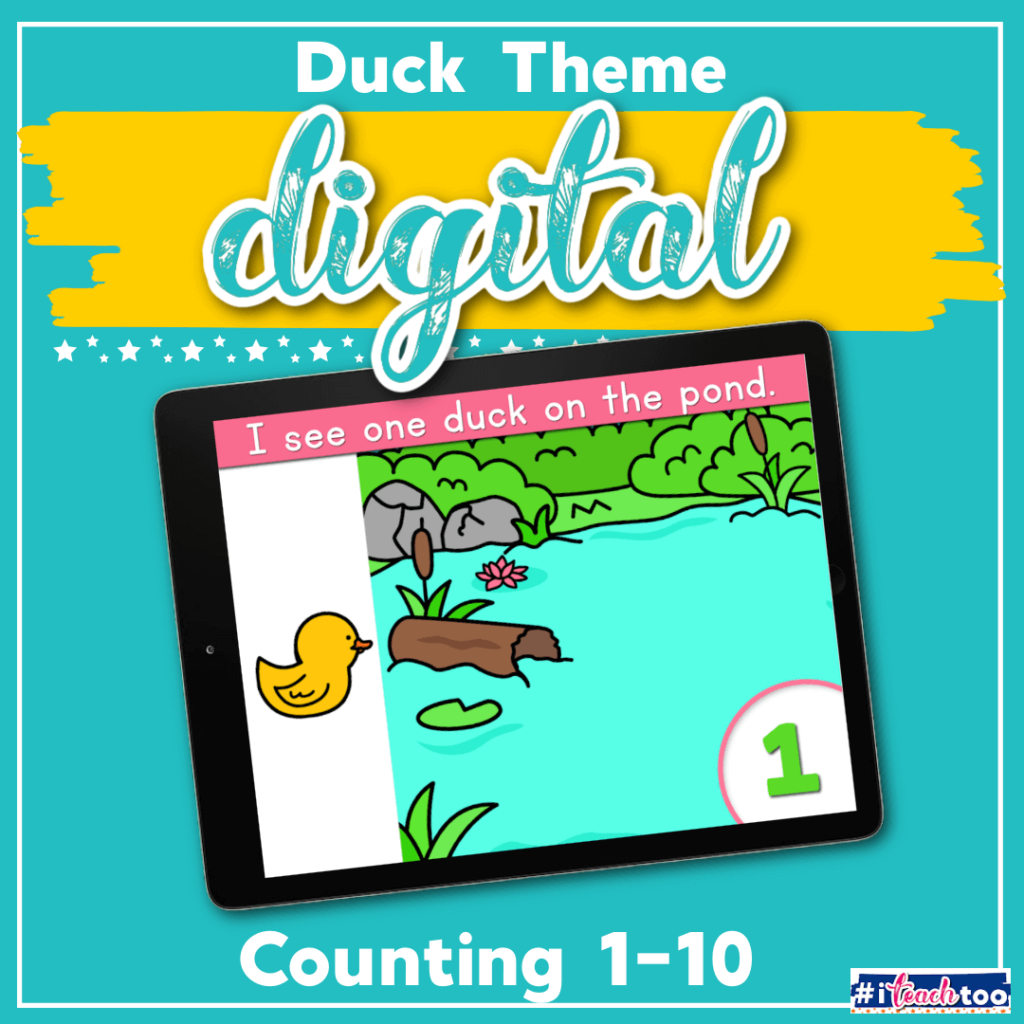Free duck counting activity for preschool. Practice counting to 10 with this fun free digital activity for Google Slides and Seesaw. Perfect for preschool math centers, homeschooling and distance learning.