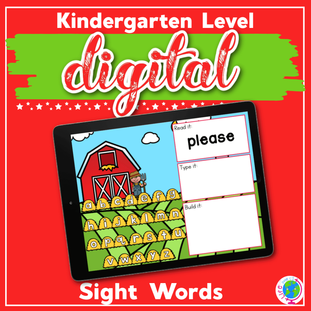 Free Farm Theme Kindergarten Sight Words Digital Activity featured square image.
