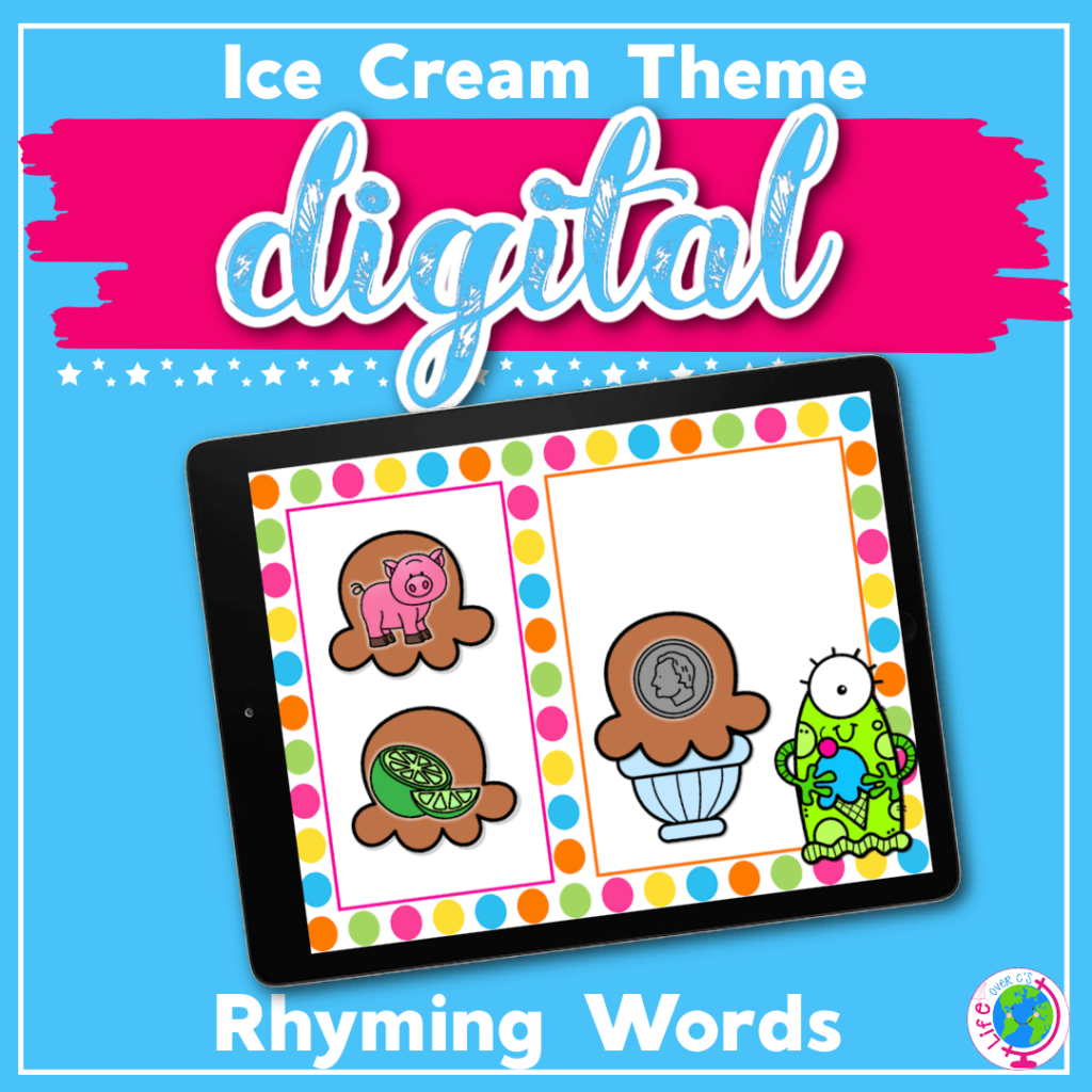 This free digital ice cream rhyming words activity for kindergarten is a great way to practice rhyming with your kids. Kids will love adding scoops of ice cream to create rhyming words! Available in Google Slides, Seesaw and an upgrade for Boom Cards there are so many options to use this engaging rhyming activity!