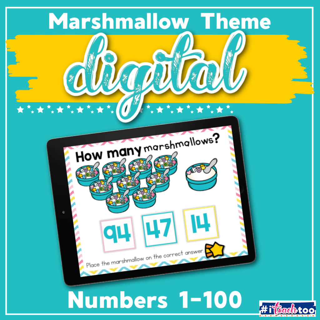 count the marshmallows online counting game for kindergarten. Image shows 94