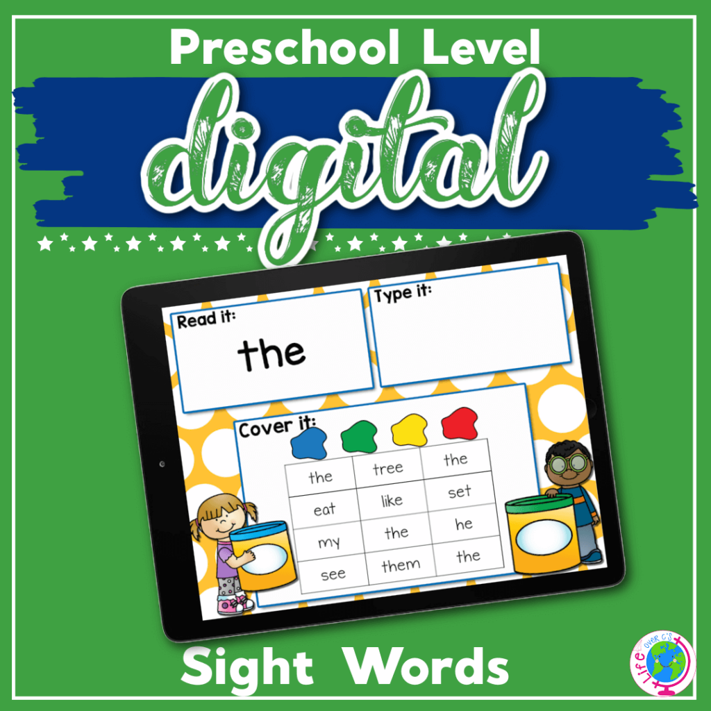 Google Slides and Seesaw Digital I Spy game for preschool. Words on screen to and down. Students listen to the sight word, read the sight word, type the word and find the word on the I Spy board.
