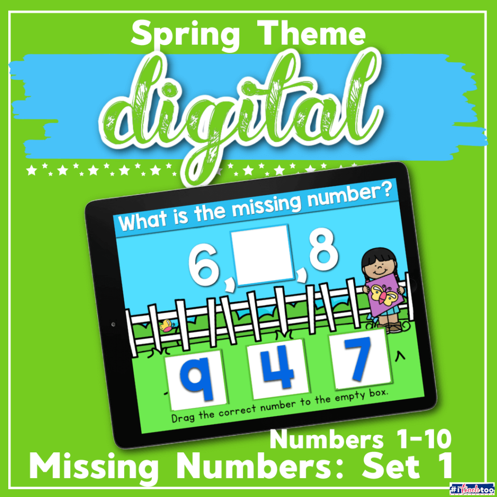 Free missing numbers activity for kindergarten. Missing numbers for 1-10 digital activity for Google Slides and Seesaw. Perfect kindergarten math centers, homeschooling and distance learning.