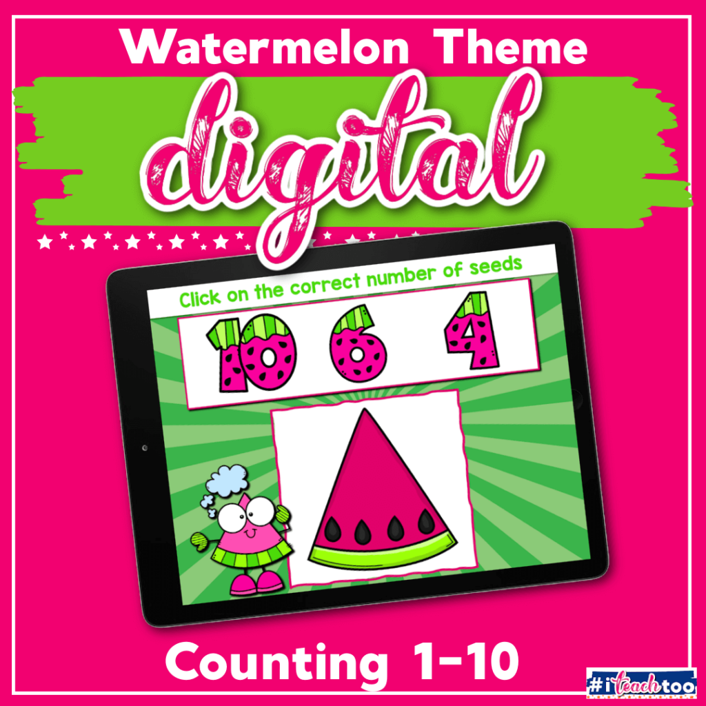 Free printable Watermelon seeds digital counting activity for preschoolers and kindergarteners to practice counting skills this summer. Use Google Slides or Seesaw to practice counting skills.