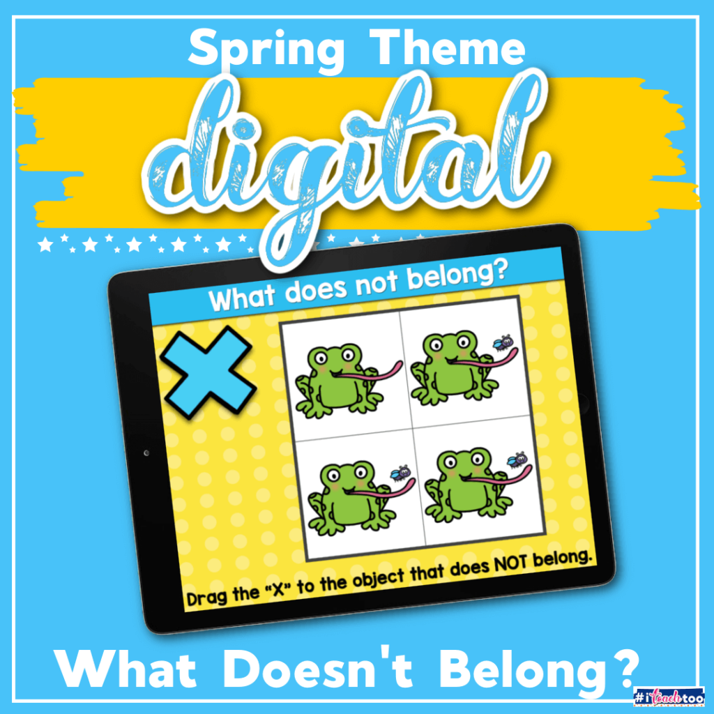 Free visual discrimination "What does not belong?" activity for kindergarten and preschool. Kids will choose the spring theme picture that does not match in this fun Google Slides and Seesaw digital activity for kindergarten.