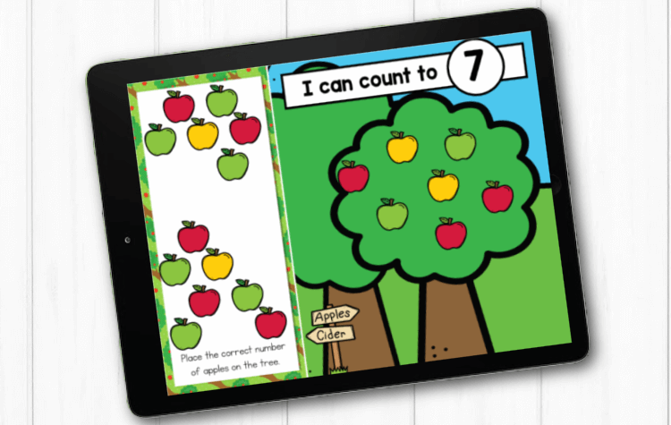 Kindergarten students practice counting to 20 by placing the correct number of apples in the tree in this fun digital math activity.