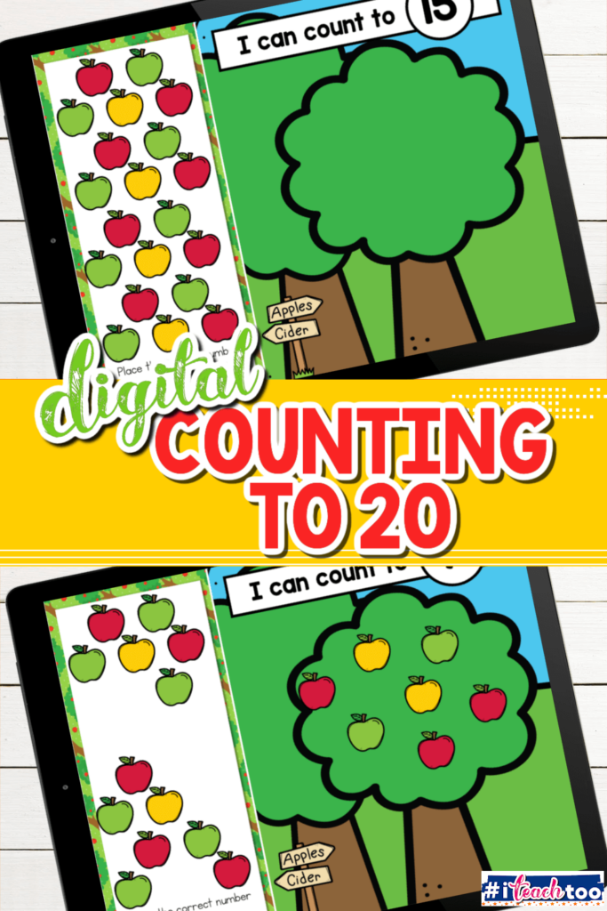 Apple-themed Google slides or Seesaw activity for kindergarteners to practice counting to 20.