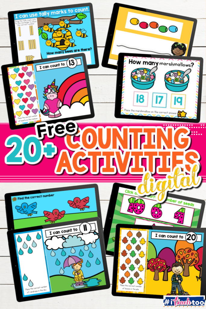 20+ counting activities for Google Slides, Seesaw and Boom Learning task cards to use with preschoolers and kindergarteners. Screen shots of various counting activities