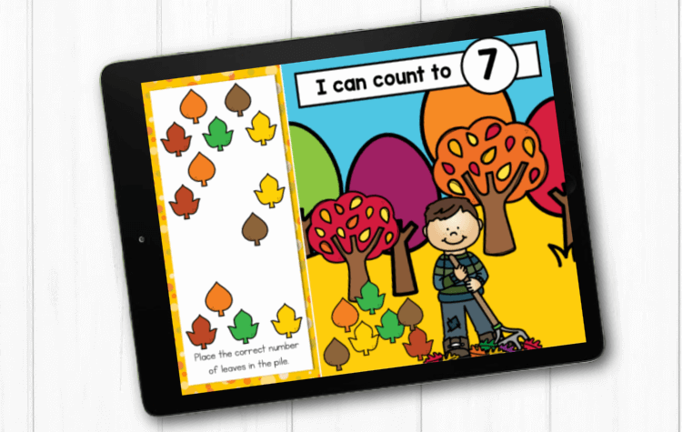 Students practice number recognition skills and counting to 20 by placing the correct number of leaves in the leaf pile.