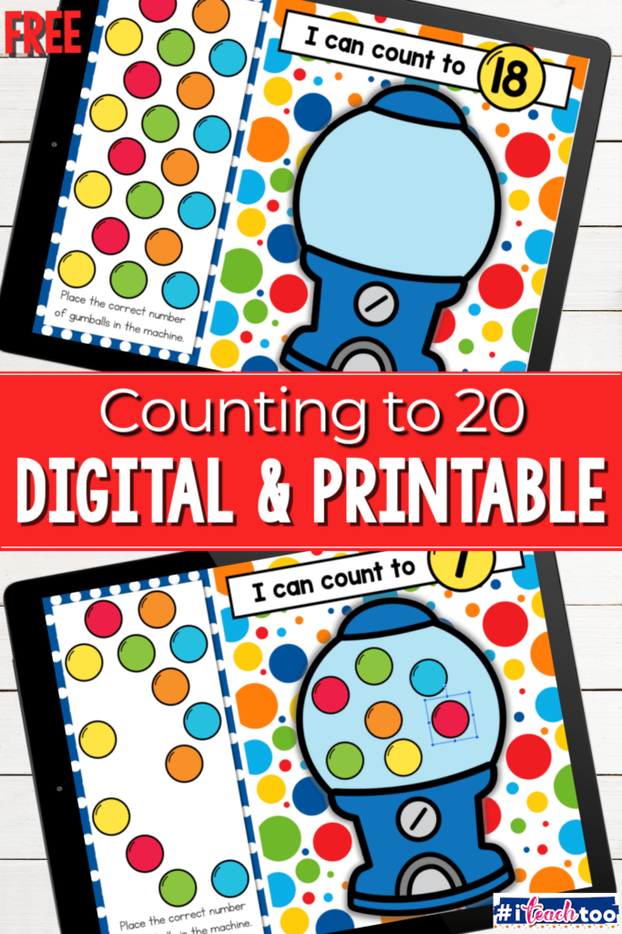 Digital and printable gumball themed activity for kindergarteners to practice counting 1-20.