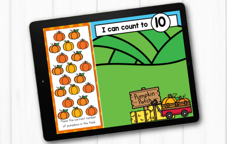 Kindergarten students practice number recognition and counting to 20 by placing the correct number of pumpkins in the patch.