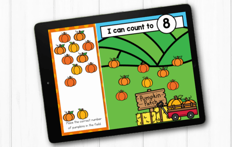 In this beginning kindergarten math activity, students count 1-20 by placing the correct number of pumpkins in the patch.