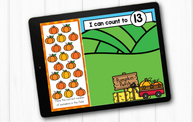 In this kindergarten math activity for Google Slides or Seesaw, children place the correct number of pumpkins into the patch.