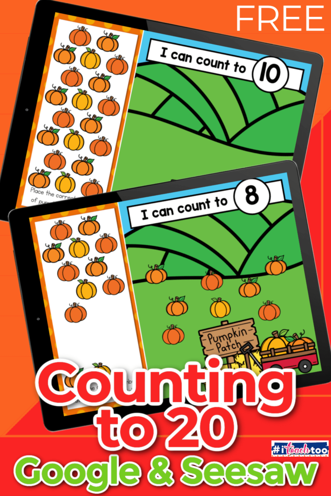 This pumpkin kindergarten math activity for Google Slides and Seesaw allows students to practice counting 1-20.