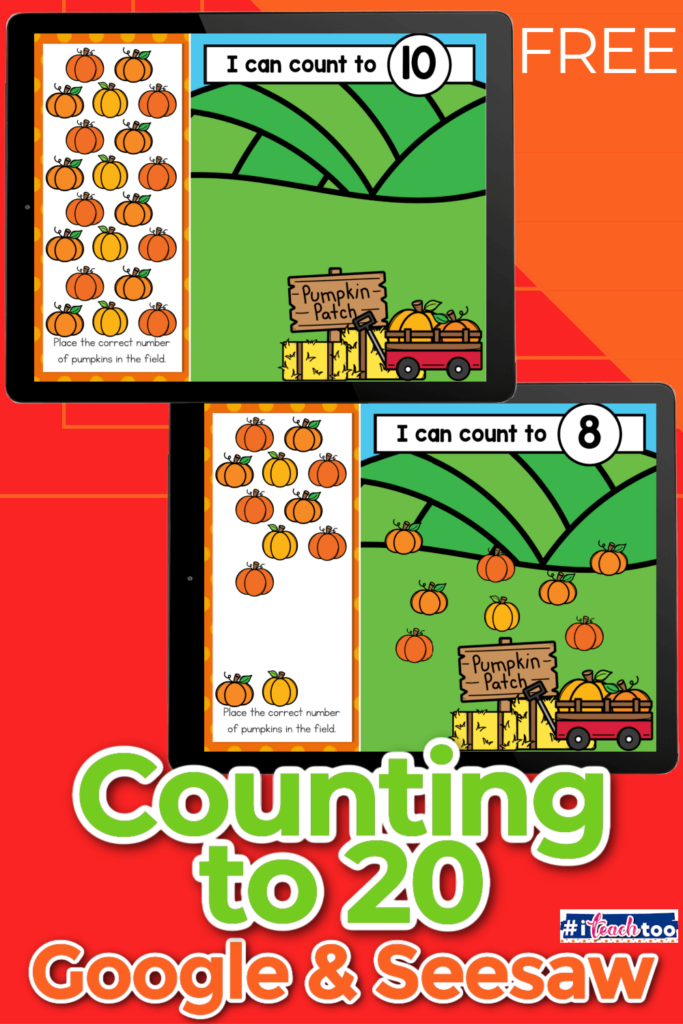 Kindergarteners practice counting to 20 with this free pumpkin math activity for Seesaw or Google Slides.