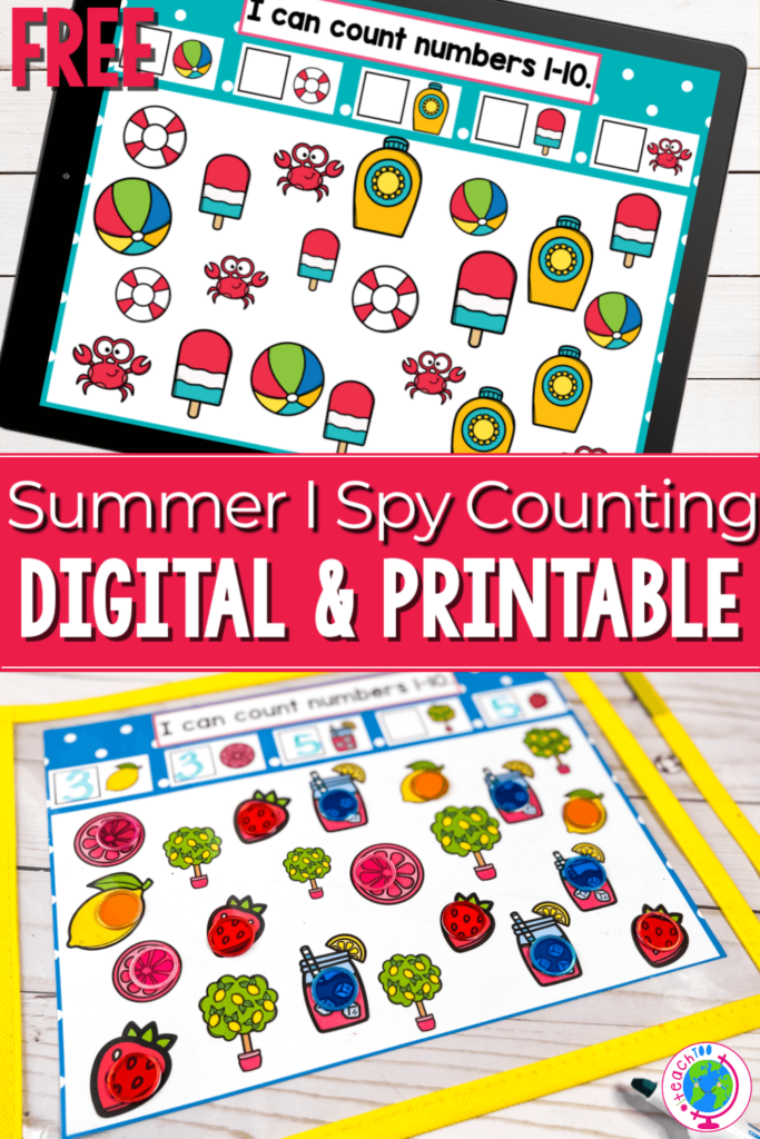 Free Google Slides and Seesaw Summer I Spy Counting Activity for preschoolers with printable counting activity included