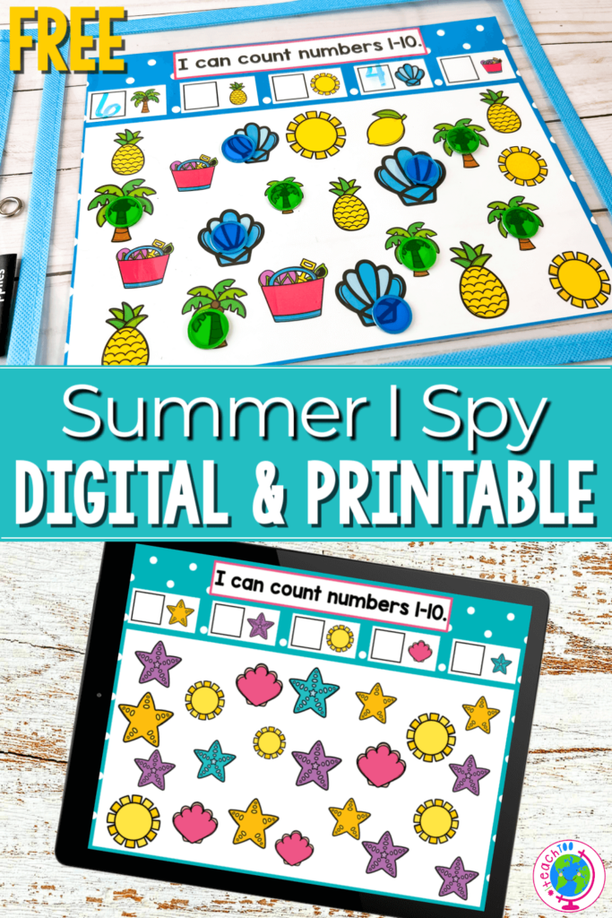 Count the summer theme objects and write the number with these free digital and printable summer I Spy games for preschoolers