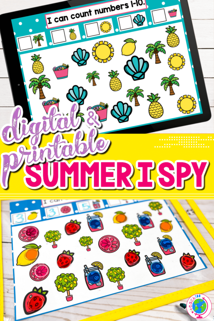 digital and printable summer I Spy counting activity for preschool summer theme math centers