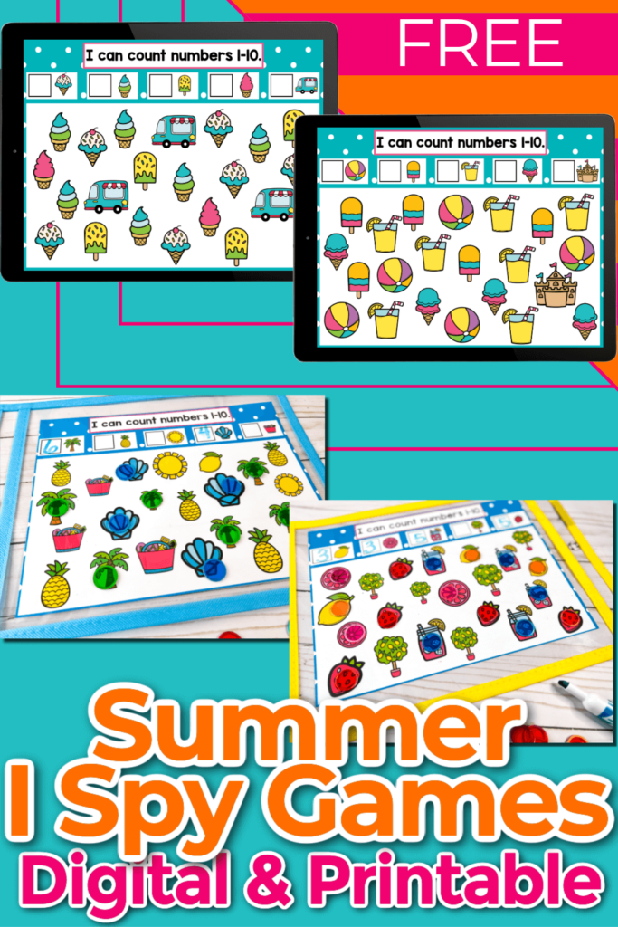 Printable and digital Google Slides and Seesaw Summer I Spy activity for preschoolers. Various summer theme objects on an iPad screen to count up to 10