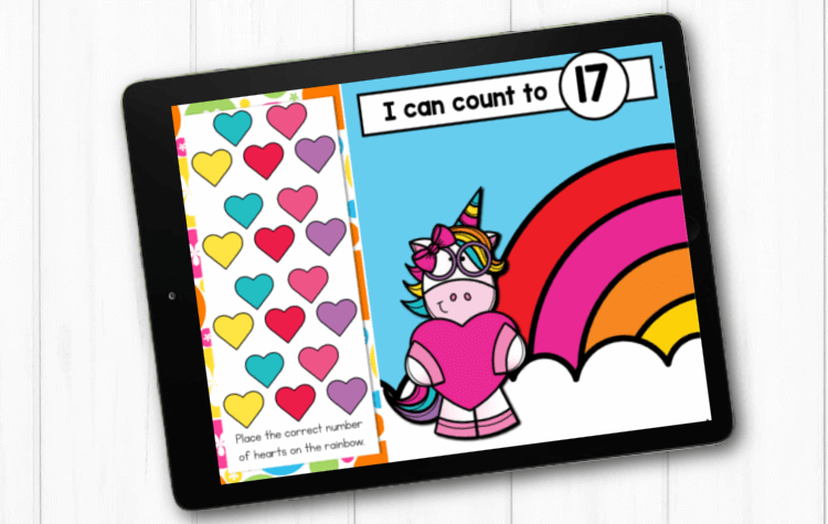 Counting game with a unicorn theme to 20 being played on a tablet.