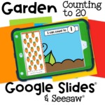 Spring garden carrot counting activity for preschoolers to count to 20 using Google Slides or Seesaw for hands-on math practice.