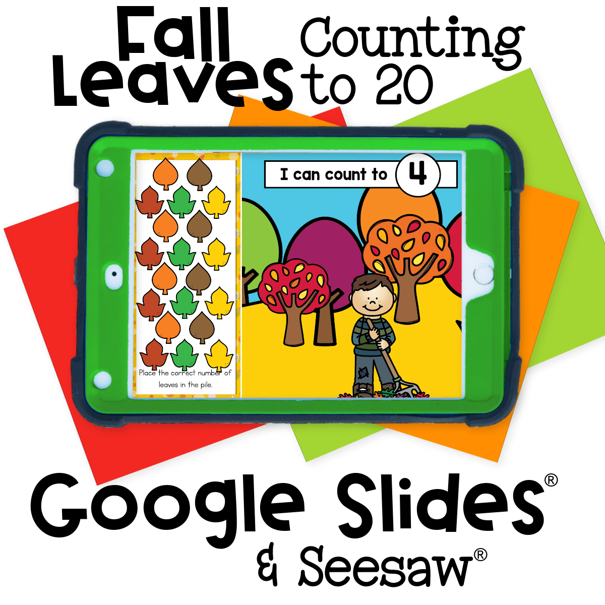 Autumn-themed fall leaves counting to 20 activity for preschool math centers and digital learning on Google Slides or Seesaw.