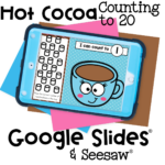 Winter hot cocoa digital counting game for preschoolers to count marshmallows to 20, designed for Seesaw and Google Slides.
