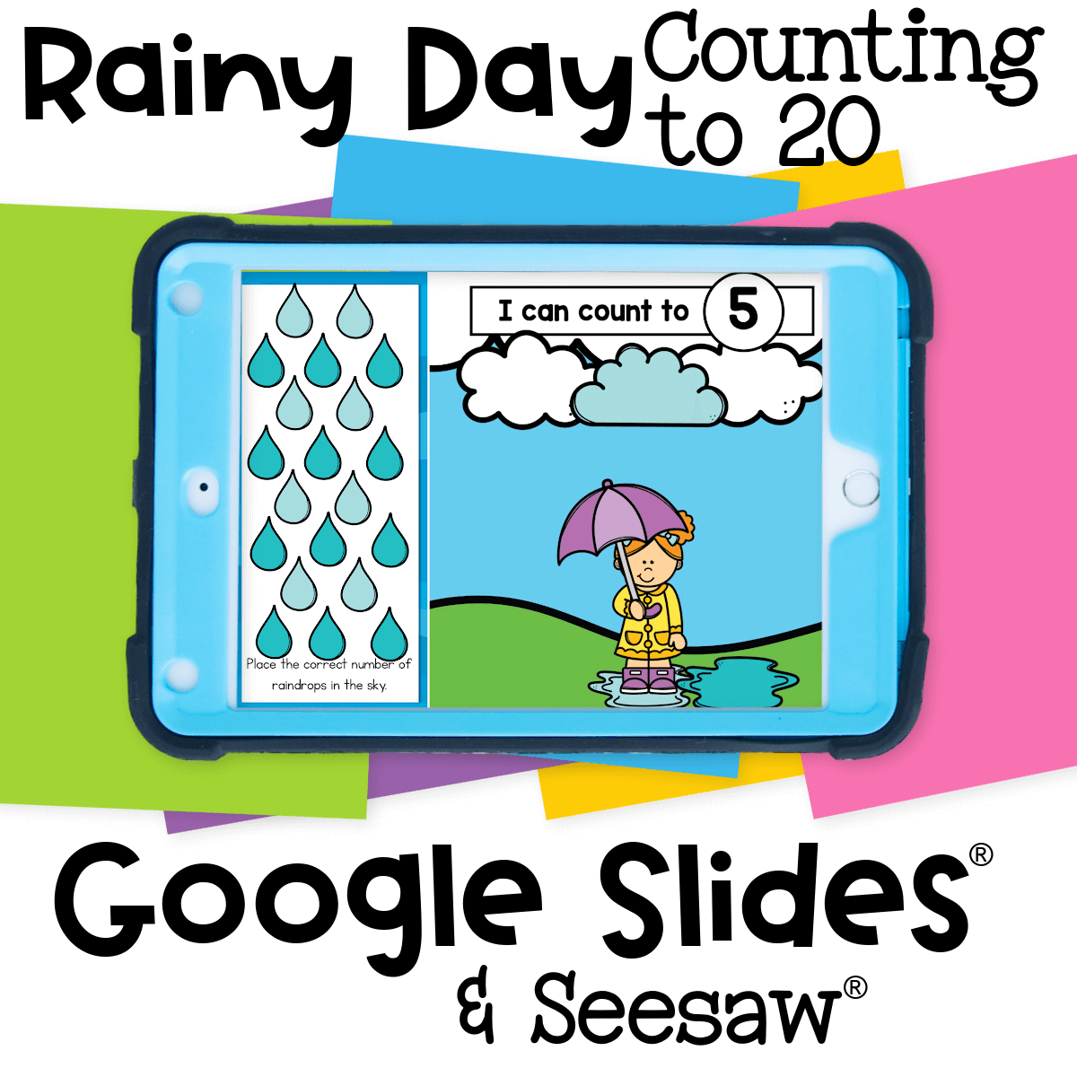 Rain-themed digital counting activity with raindrops and umbrellas for preschoolers to practice counting to 20 using Google Slides and Seesaw.