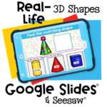 Preschool and kindergarten 3D shape activity with real-life images. Students drag and match cone, cylinder, and cube shapes in this digital Google Slides and Seesaw resource.