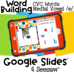 Interactive CVC word building activity on Google Slides and Seesaw for practicing short vowel /e/ sounds with colorful images and movable letter tiles for preschool and kindergarten learners