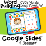 Free Digital CVCe Long Vowel /a/ Word Building Activity 13 Digital word building activity with CVCe words focusing on long vowel /a/ for early readers in preschool and kindergarten, using interactive letter tiles in Google Slides and Seesaw