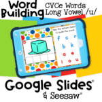 Digital CVCe Long Vowel /u/ Word Building Activity 14 Google Slides and Seesaw phonics activity teaching CVCe words with long vowel /u/ using fun, interactive letter tiles and engaging visuals for early readers."