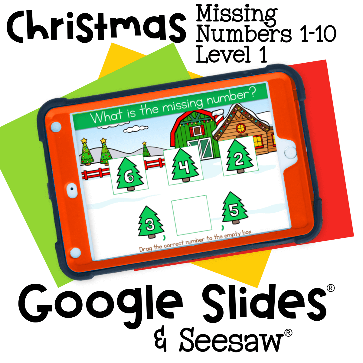 Easy-level missing numbers 1-10 Christmas activity for preschool and kindergarten. Holiday tree number cards for Google Slides and Seesaw help reinforce early math skills.