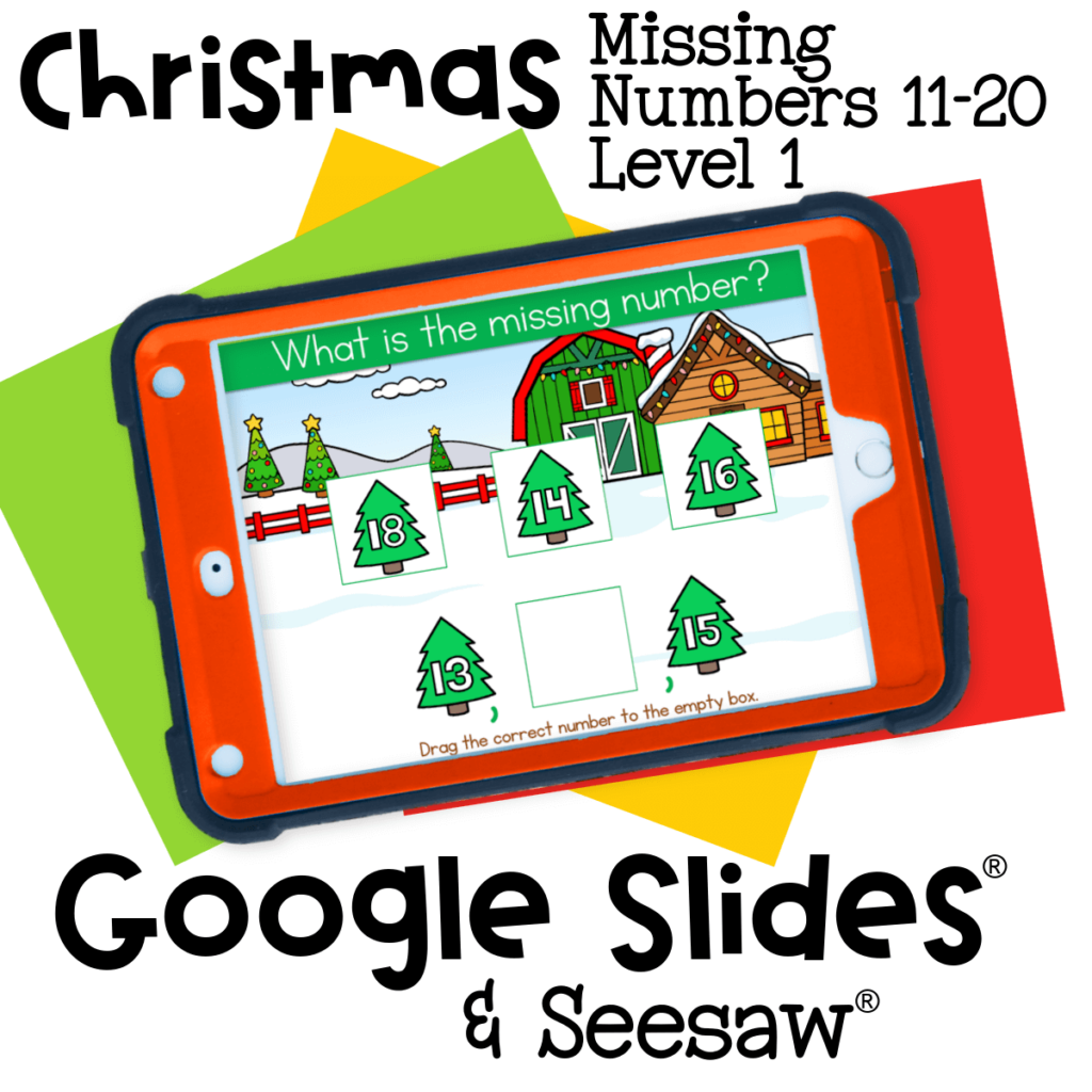 Preschool and kindergarten digital activity for finding missing numbers 11-20 with a Christmas theme. Fun winter counting game on Google Slides and Seesaw.