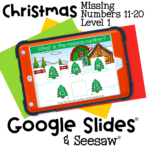 Preschool and kindergarten digital activity for finding missing numbers 11-20 with a Christmas theme. Fun winter counting game on Google Slides and Seesaw.